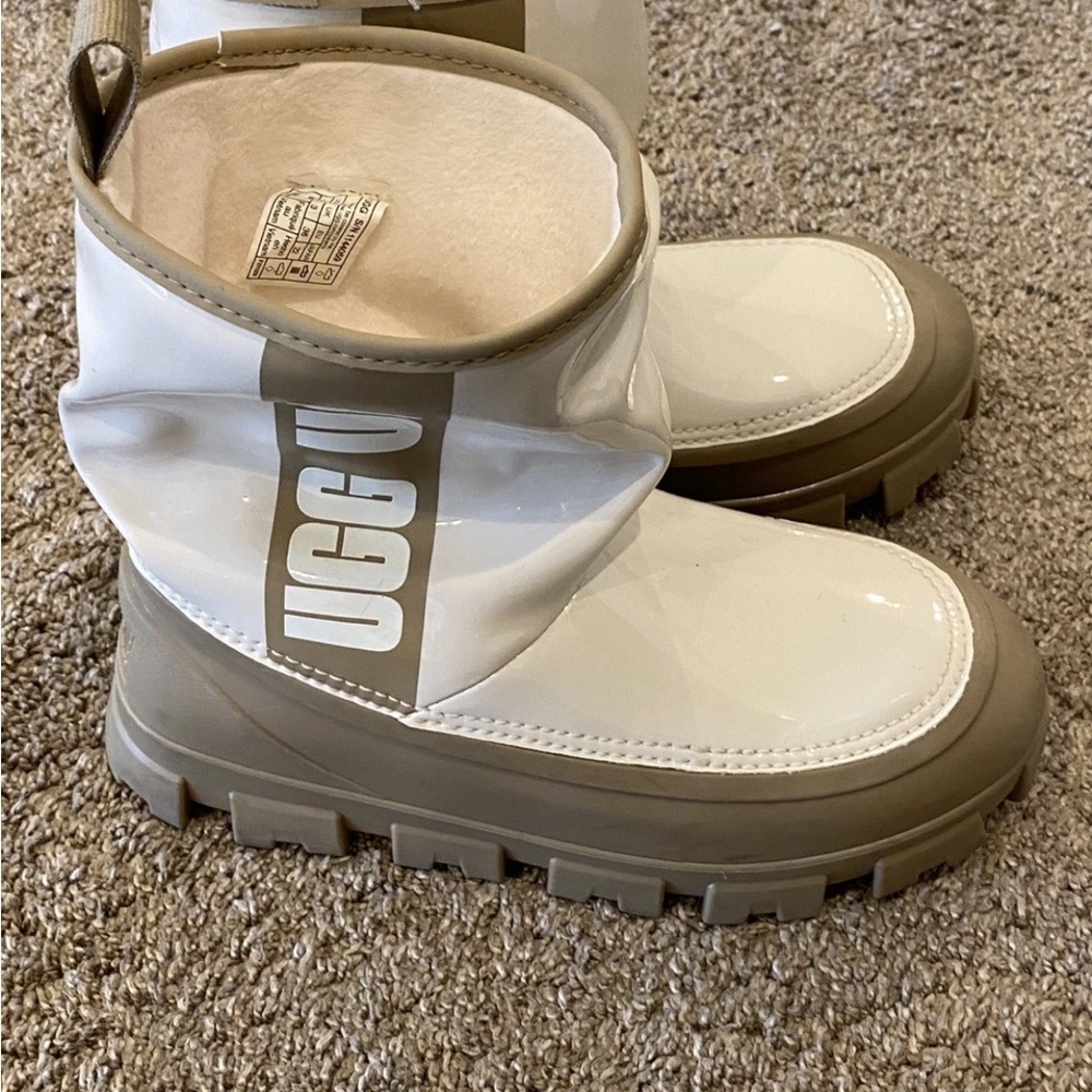 UGG White Patent Short Boots with Taupe Lug Sole
